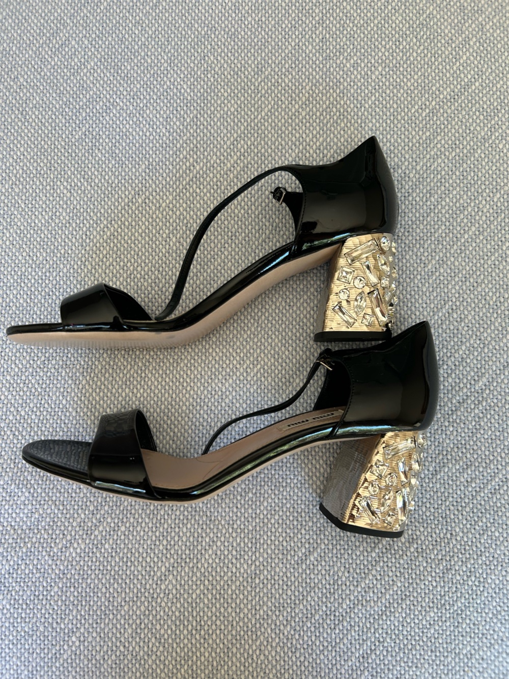 Miu Miu Patent Leather Crystal Heel Sandals Black EU 38.5 US 8.5 Luxury